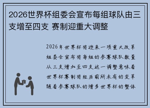 2026世界杯组委会宣布每组球队由三支增至四支 赛制迎重大调整